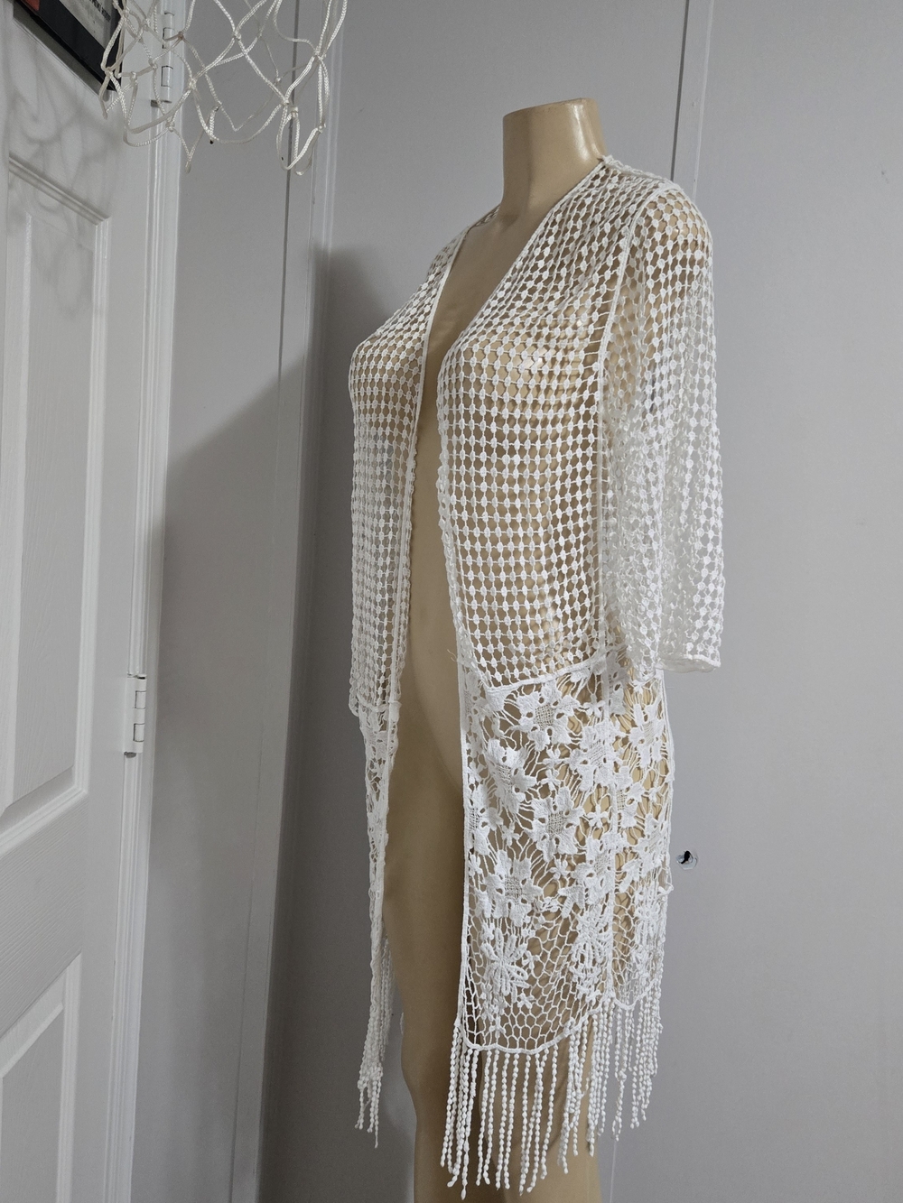POL White Crochet Fringe Kimono Coverup